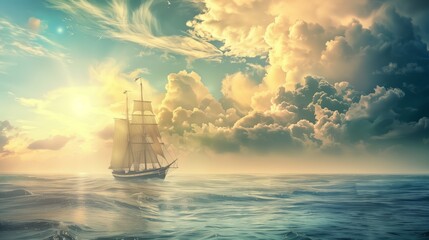 Fototapeta premium Enchanting Seascape with a Majestic Sailing Ship Under a Dramatic Sky Illustration