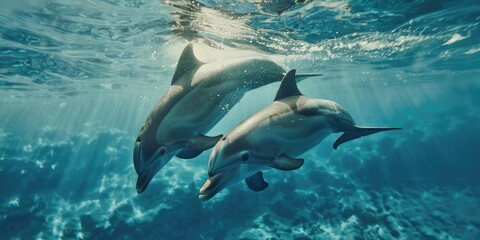 Obraz premium A mother dolphin and her young one glide through the water playfully, flicking their tails above the surface.