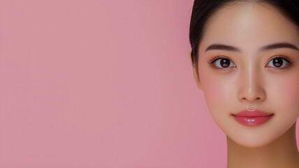 Fototapeta premium A close-up image captures the top half of an Asian woman’s face against a solid pink backdrop. 
