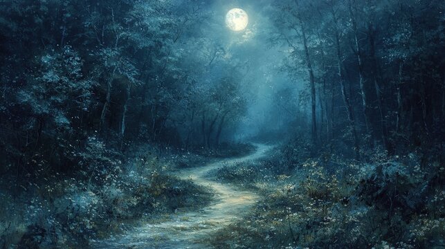 A moonlit path in a forest, leading to nowhere, aimlessness, lost in lifeâ€™s journey