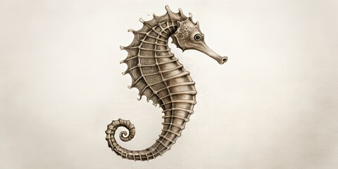 Obraz premium A meticulous pencil sketch of a seahorse's profile is set against a neutral backdrop, the fine lines and
