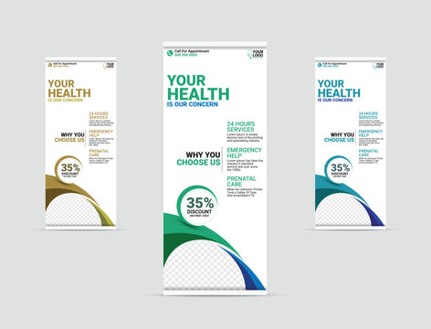 Professional health care and medical roll up design, standee and banner template decoration for exhibition, printing and presentation creative template design.