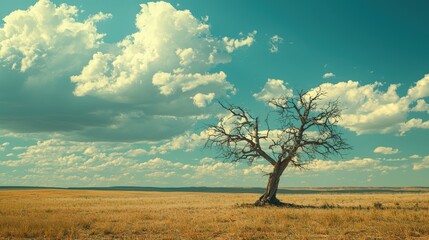 Fototapeta premium An old, withered tree standing alone in a vast empty field, endurance, loneliness over time