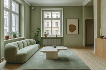 Fototapeta premium Modern green living room with minimalist decor.