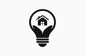 A flat vector logo of a light bulb with a house and care symbol, .silhouette black color vector illustration