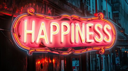 Neon sign with the word "HAPPINESS"