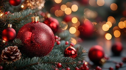 Fototapeta premium Sparkling red ornaments decorate a festive Christmas tree with warm bokeh lights and pinecones during the holiday season