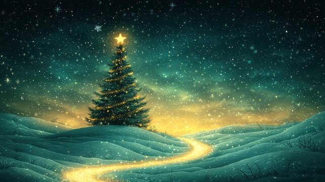 A serene winter landscape featuring a beautifully decorated Christmas tree glowing under a starry night sky in a snowy setting