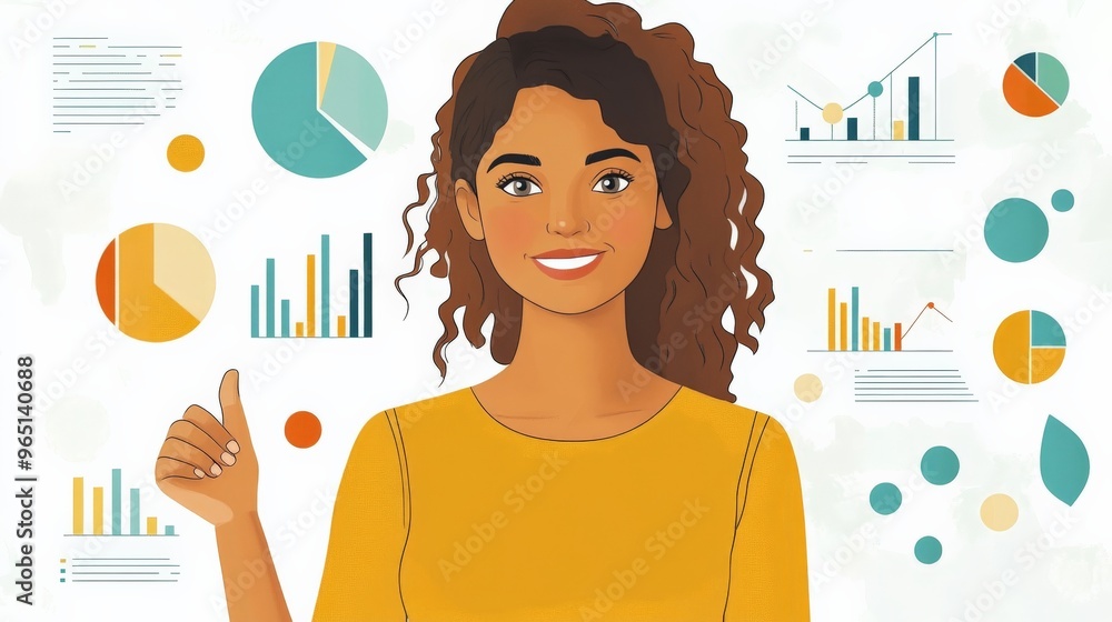 Poster data confidence: a young professional confidently navigates a world of data visualization, giving a 