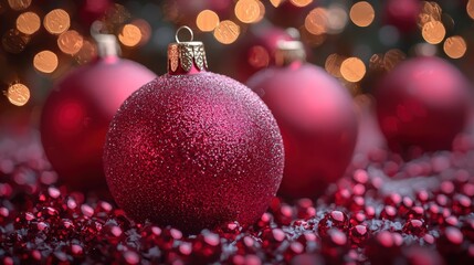 Fototapeta premium Red holiday ornaments and sparkling decorations create a festive atmosphere during the Christmas season at a cozy indoor setting