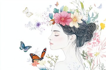 girl with butterfly on white background