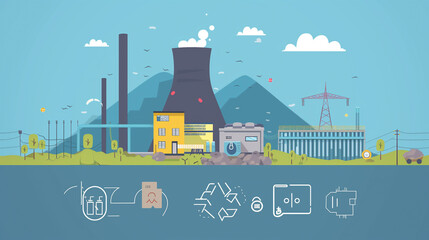 Naklejka premium Nuclear power plant with cooling towers and wind turbines in a sustainable energy concept