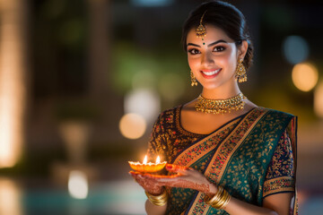Traditional Indian Beauty Holding Sacred Diya