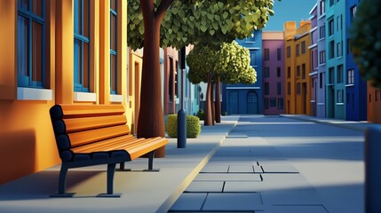 Fototapeta premium A vibrant, colorful street scene featuring a wooden bench under lush trees, showcasing urban life and architecture.
