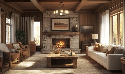 Rustic Living Room with Reclaimed Wood Furniture, Stone Fireplace, and Soft Textiles for a Cozy and Grounded Atmosphere