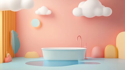 A whimsical bathroom scene featuring a modern bathtub against a pastel-colored wall adorned with playful clouds and shapes.