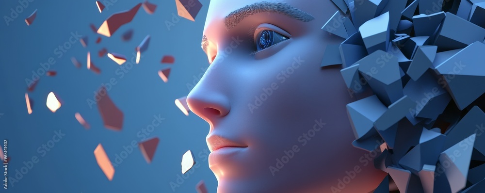 Poster abstract concept of artificial intelligence with fragmented geometric shapes around a human-like fac