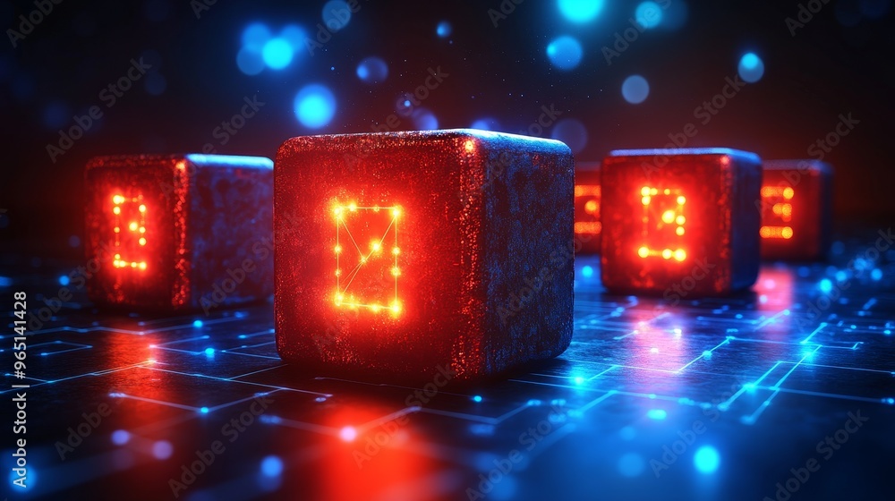 Poster abstract digital blocks with glowing red lights on a futuristic background, ideal for technology and