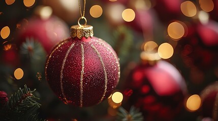 Decorative red Christmas ornament hanging on a tree with soft glowing lights in a festive holiday ambiance