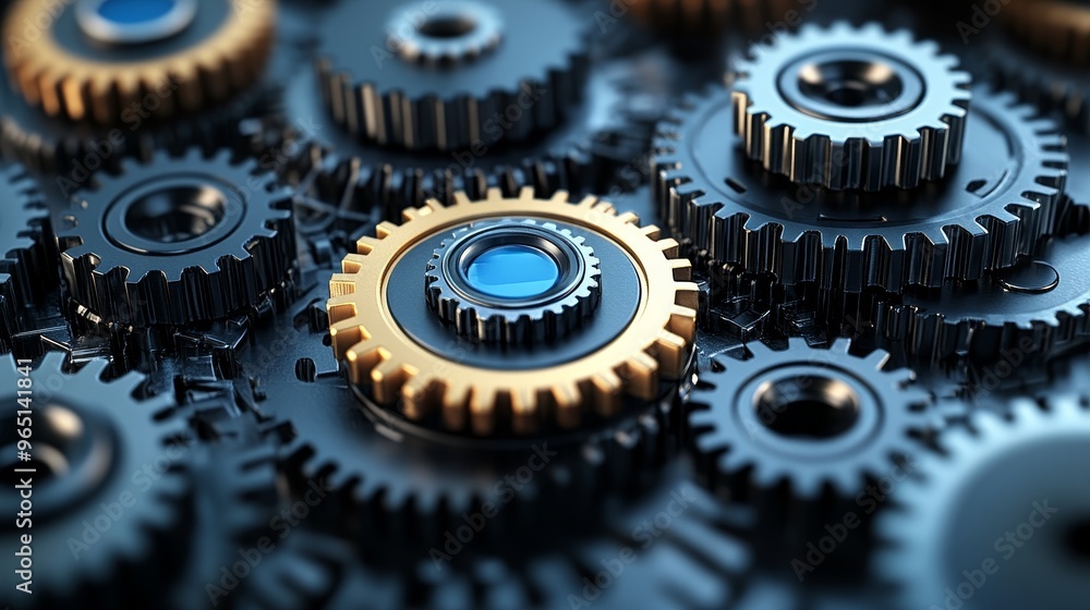 Poster close-up of intricate gears, showcasing a blend of metallic textures and colors. ideal for illustrat