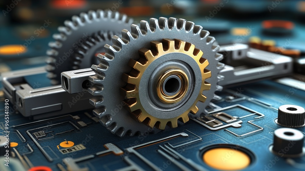 Poster close-up of intricate gears on a circuit board, symbolizing the fusion of technology and engineering
