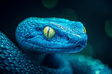 Obraz premium Close-Up of a Snake with Glowing Scales in Two Tones of Blue and Green
