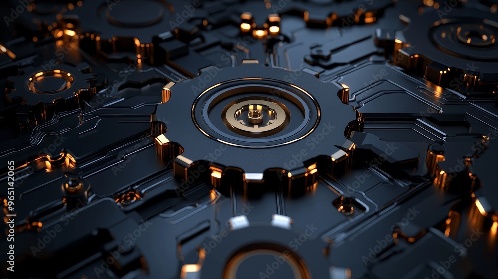 Poster close-up view of intricate metallic gears with a sleek, dark background highlighting the shiny detai