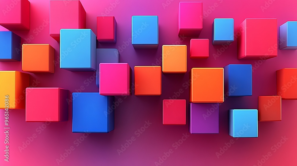 Poster colorful 3d cubes arranged in a vibrant pattern, creating an eye-catching background for modern desi