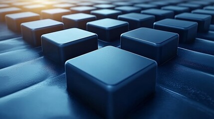 Obraz premium Close-up view of blue keys on a sleek keyboard, showcasing a modern design with depth and soft lighting.