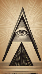 A minimal illustration featuring a triangular pyramid with an all-seeing eye at the top, representing the Illuminati conspiracy theory. The pyramid is simple and surrounded by subtle abstract rays