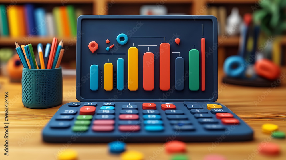 Poster colorful calculator with a vibrant graph, showcasing data analysis and creativity in a modern worksp