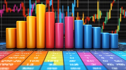 Obraz premium Colorful bar graph representing financial data trends on a digital background with grid lines.