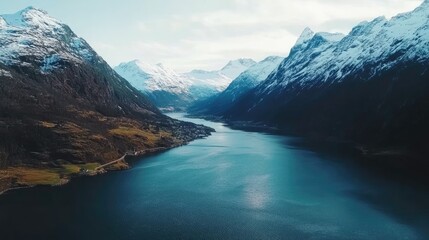 Obraz premium Picturesque fjords surrounded by snow-capped mountains