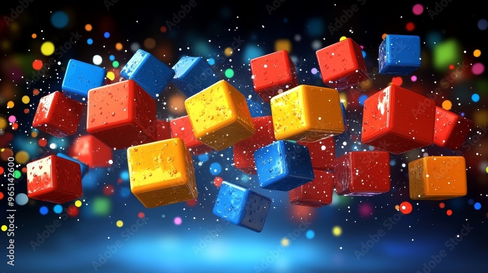 Poster colorful cubes floating in vibrant space with bright particles, creating an energetic and playful at