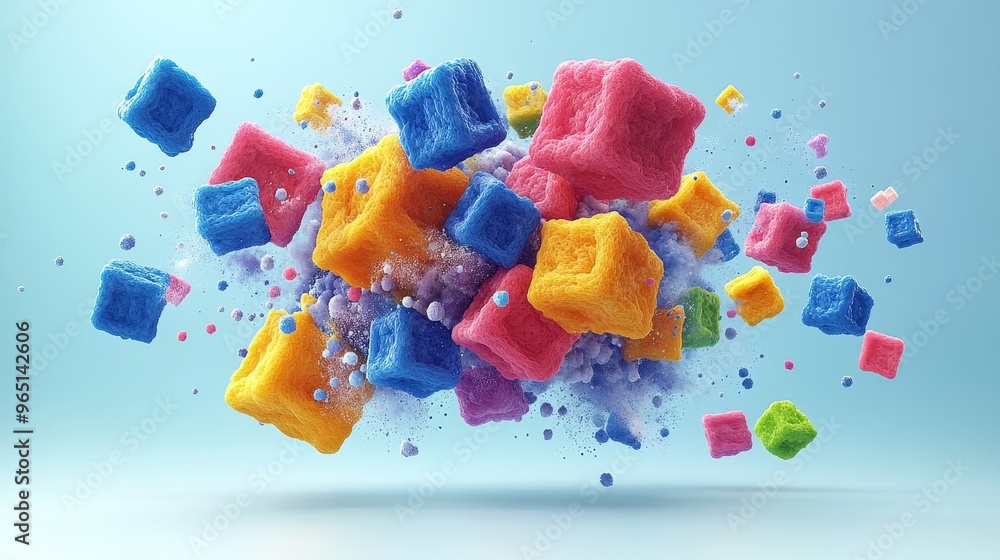Poster colorful cubes burst into a splash of vibrant colors, creating a dynamic and playful scene against a