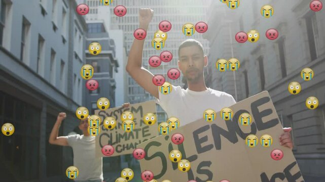 Animation of media icons over biracial men with signs protesting