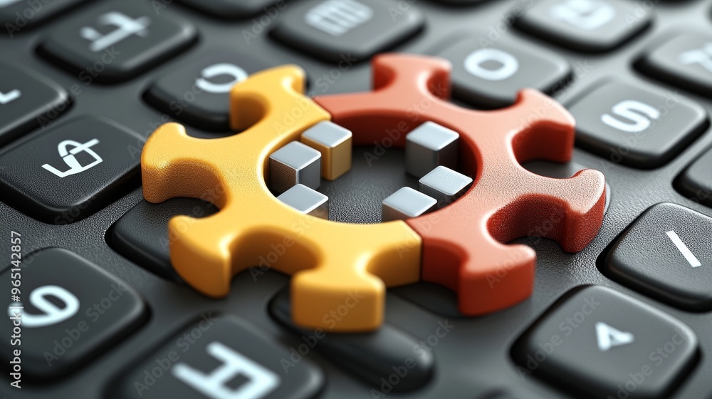 Poster colorful gears on a keyboard represent technology, integration, and innovation in the digital worksp