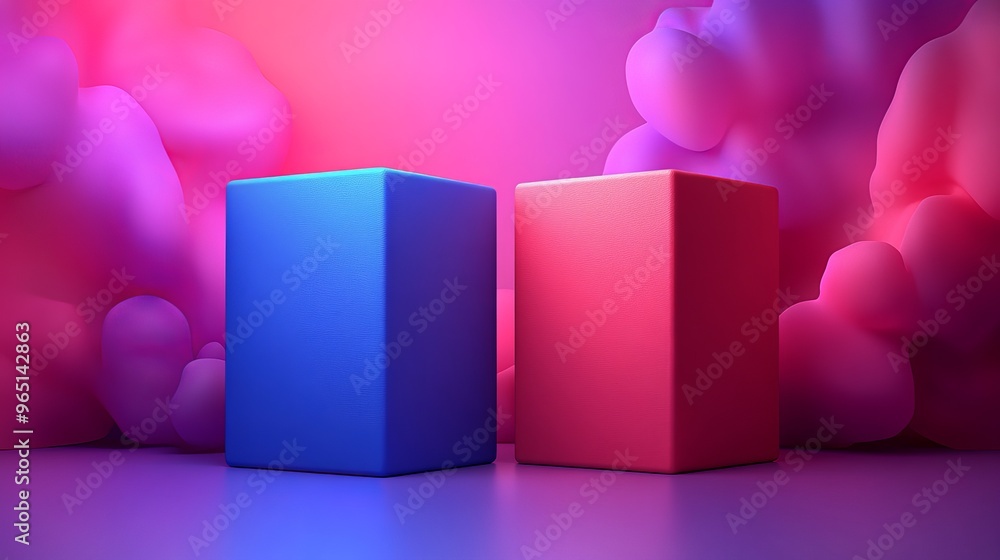 Poster colorful geometric shapes in a modern abstract setting with vibrant hues of blue and red, creating a