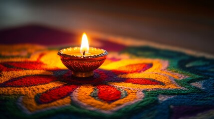 Diya light enhancing Rangoli patterns