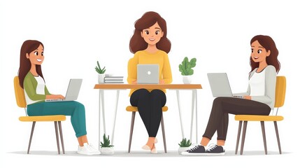 Collaborative Synergy: Three female professionals thrive in a shared workspace, laptops open and ideas flowing, embodying the power of teamwork and female leadership. 