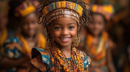 Fototapeta premium Young girl smiling, adorned in vibrant cultural attire and accessories.