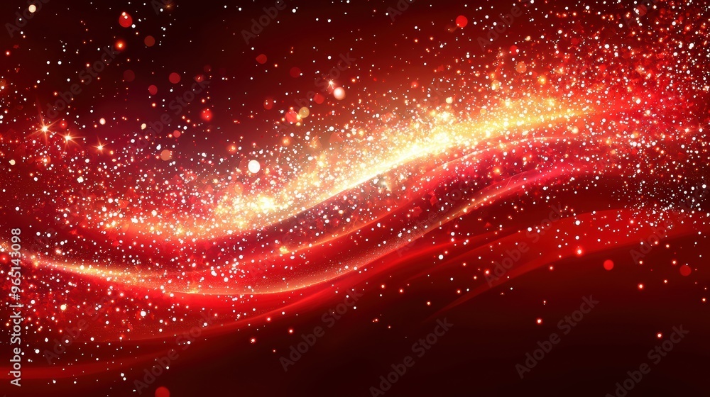 Poster vibrant red swirling light patterns with shimmering sparkles creating a captivating celestial atmosp