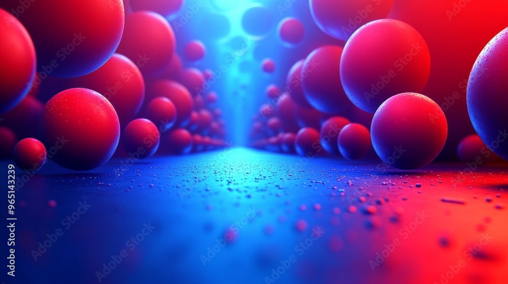 Poster colorful spheres create a dynamic and abstract background, blending red and blue tones in a futurist