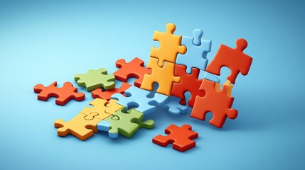 Colorful puzzle pieces scattered on a blue surface, symbolizing teamwork, creativity, and problem-solving.