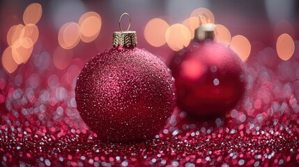 Elegant red glittery Christmas ornaments resting on sparkling red surface surrounded by warm bokeh lights in a festive setting