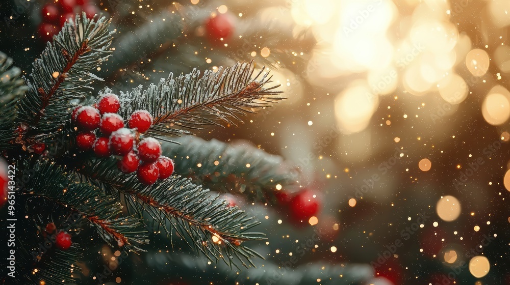 Aufkleber snowy evergreen branches adorned with red berries sparkle in the warm glow of sunlight during a wint