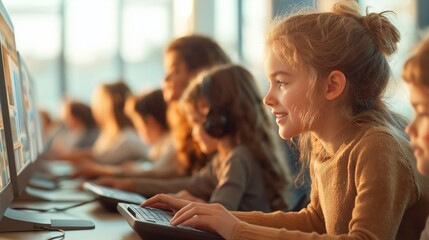 Children using computers in a classroom. Side view photography with focus on a smiling girl. Education and technology concept.