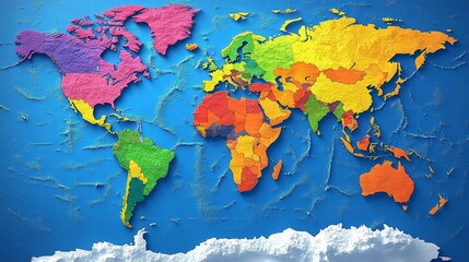 Colorful world map illustration highlighting continents with vibrant textures and tones against a blue backdrop.