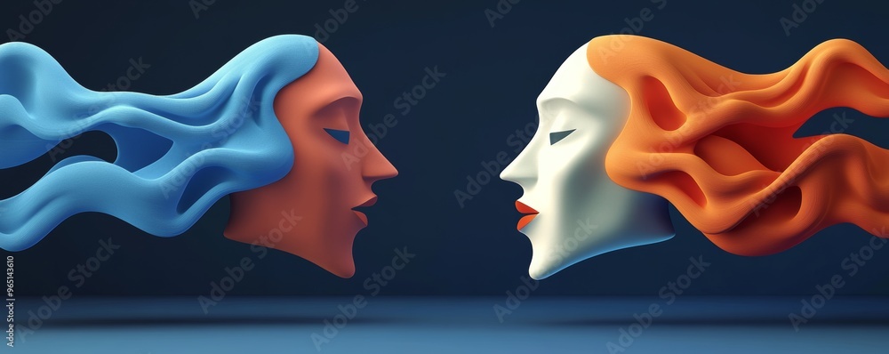 Poster dynamic abstract sculpture representing the connection between two faces, showcasing contrasting col