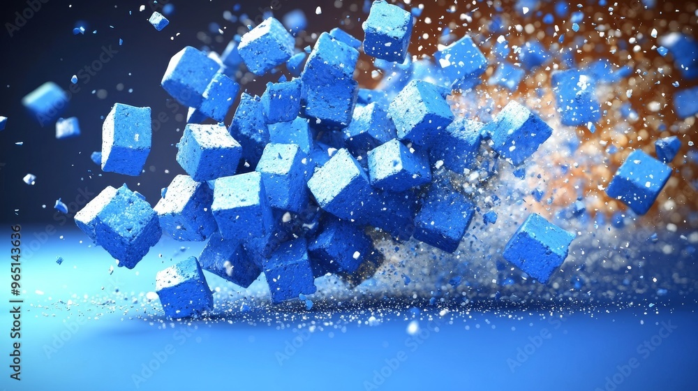 Aufkleber dynamic explosion of blue cubes creating a vibrant, energetic visual effect against a contrasting ba